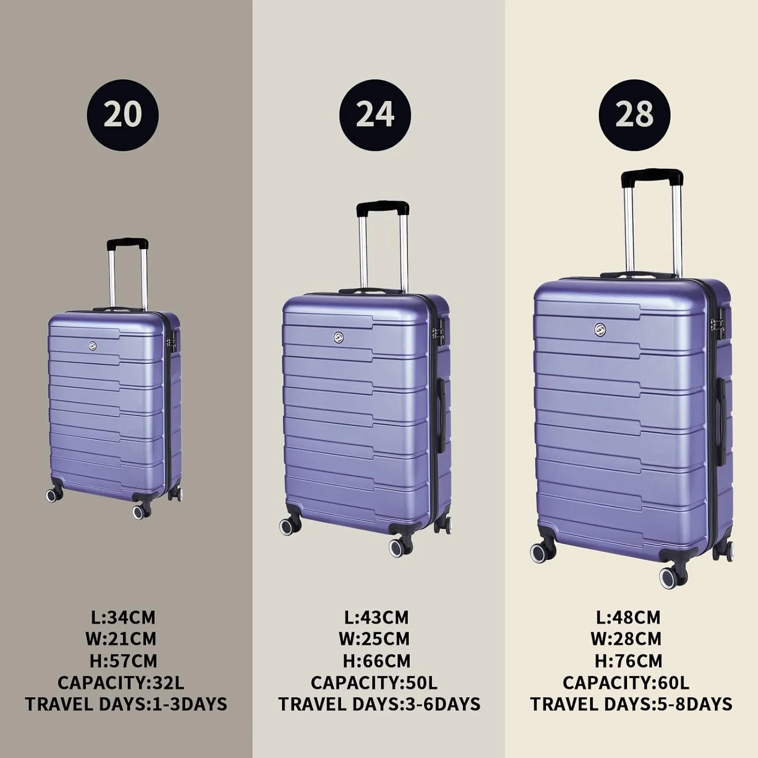 3 Piece Hardshell Luggage Suitcase Sets Hardside Carryon Luggage Set With 360 Degree Spinner Wheels For Travel (20"/24"/28") Lavender purple As shown
