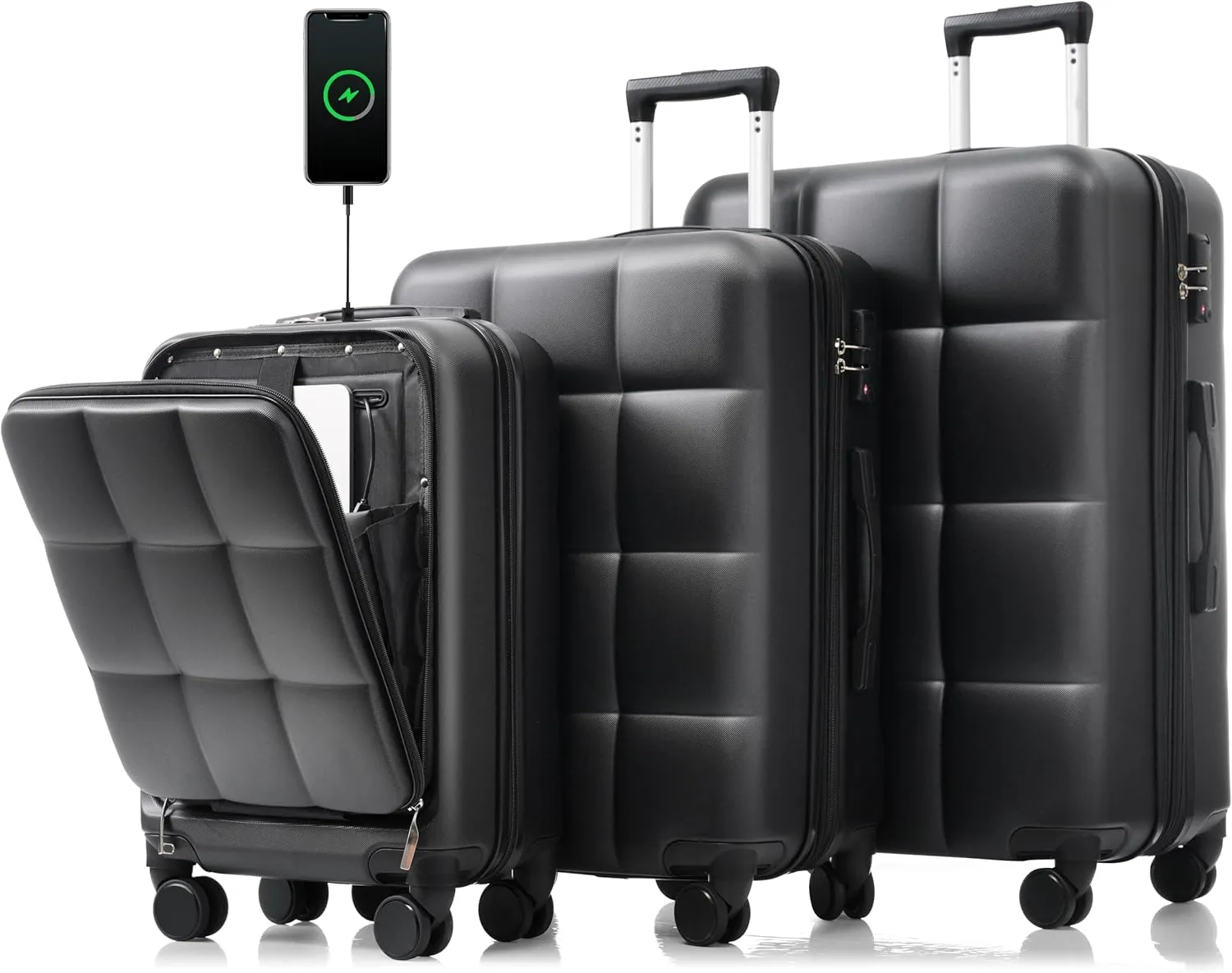 3-Piece Luggage Set with USB Port, Spinner Wheels & Cup Holder - 20/24/28 inch ABS Hard Shell Travel Luggage for Men & Women