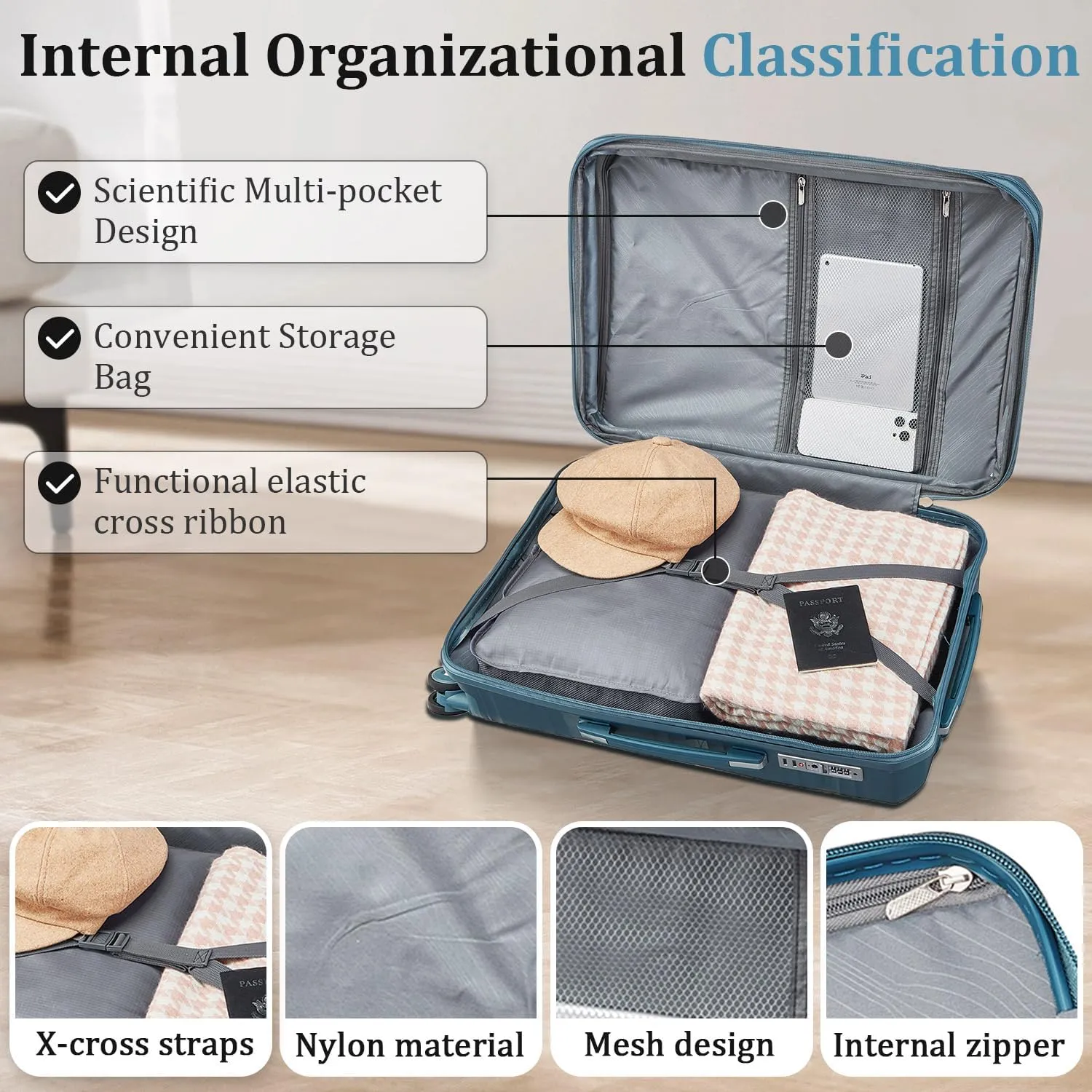 4-Piece Expandable Hardshell Luggage Set with TSA Lock (14/20/24/28) - Lightweight PP Suitcases, 360 Silent Spinner Wheels and Durable 100LB Handle for Air Travel (Peacock Blue)