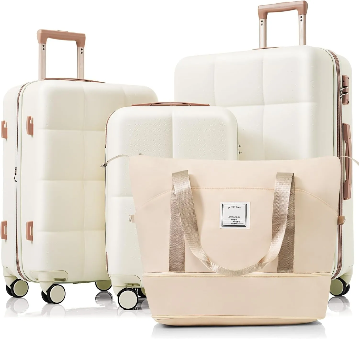 4 Piece Luggage Set with USB Port, Expandable Hard Shell Suitcases, Travel Bag and Cup Holder, 20/24/28" Spinner Wheels, Beige