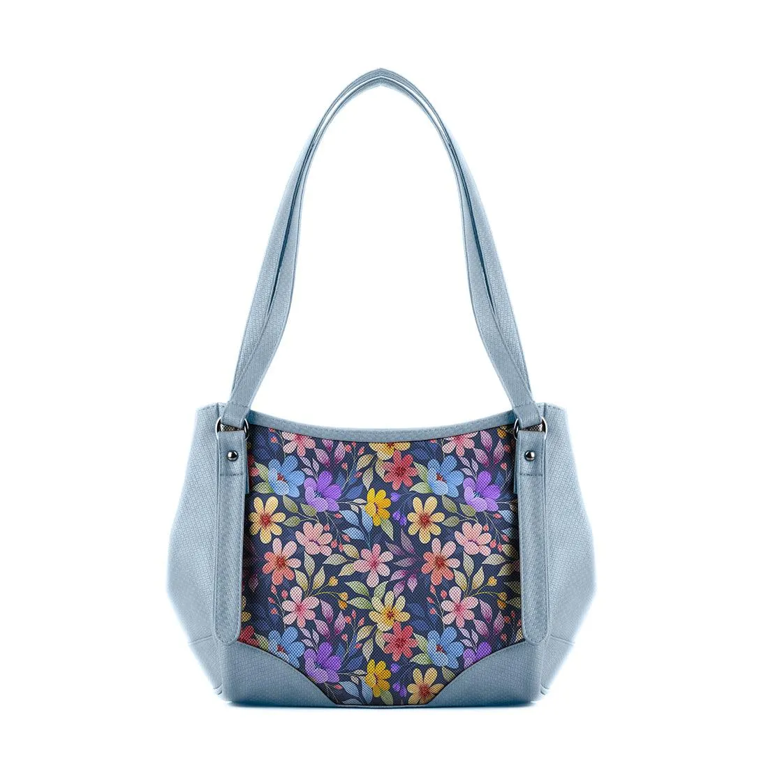 Blue Leather Tote Bag Purple Floral
