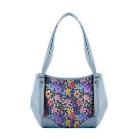 Blue Leather Tote Bag Purple Floral