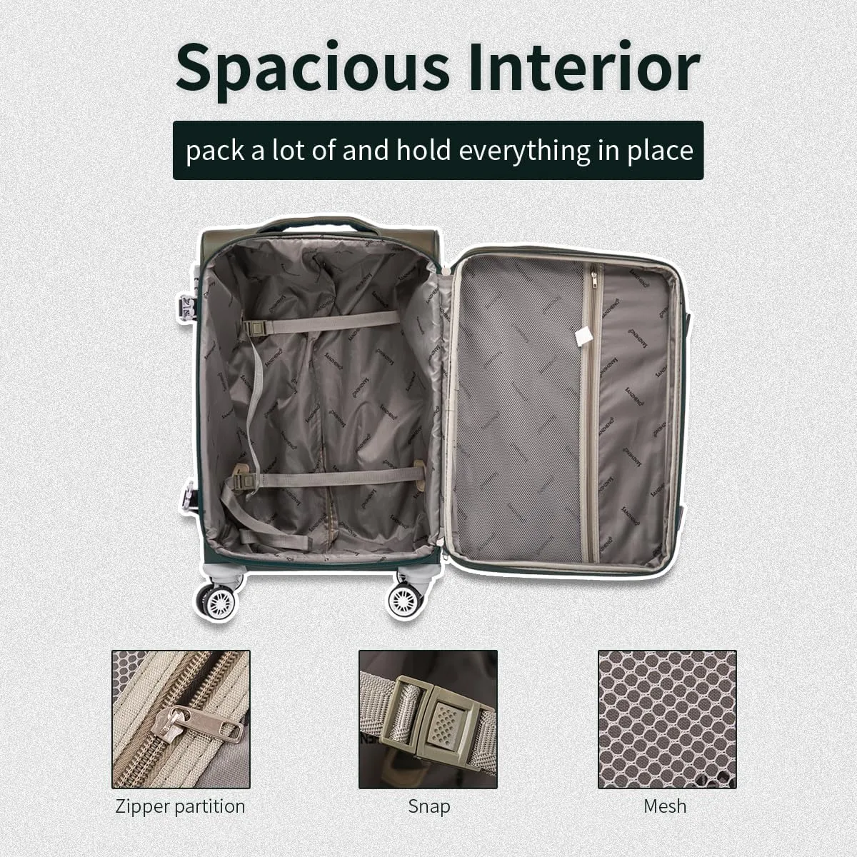 Fabric Softside 4-Piece Luggage Set, Lightweight Travel Suitcases with TSA Lock, Spinner Wheels, and Telescopic Handle, Ideal for Carry-On (Ash Green, 20/24/28/32inch)