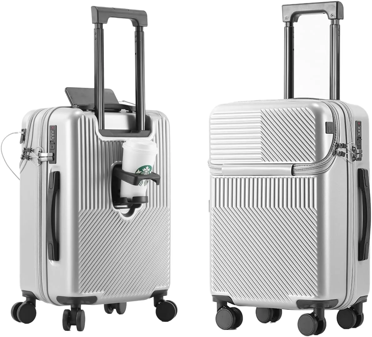 Hardside Carry On Luggage Airline Approved with Cup Holder,Lightweight PC Hard Shell Suitcases with Front Pocket, Spinner Wheels, TSA Lock (Silver, 20inch)