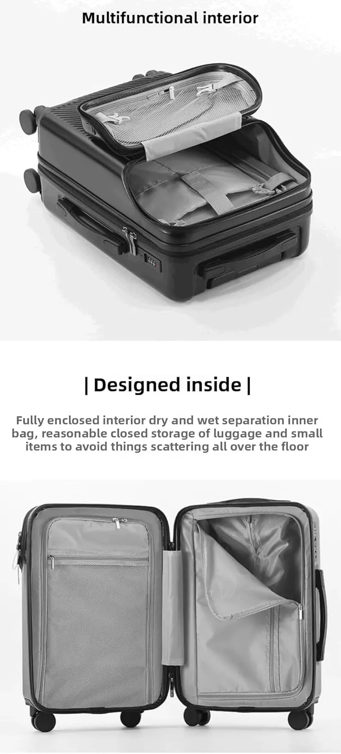 Hardside Carry On Luggage Airline Approved with Cup Holder,Lightweight PC Hard Shell Suitcases with Front Pocket, Spinner Wheels, TSA Lock (Silver, 20inch)