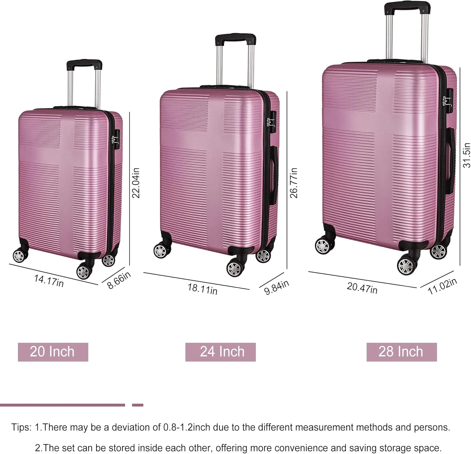 HOUAGI 3 Piece Luggage Sets,Lightweight Suitcase Sets with Spinner Wheels,Hard Shell Rolling Luggage Sets for Travel,Pink(20/24/28)