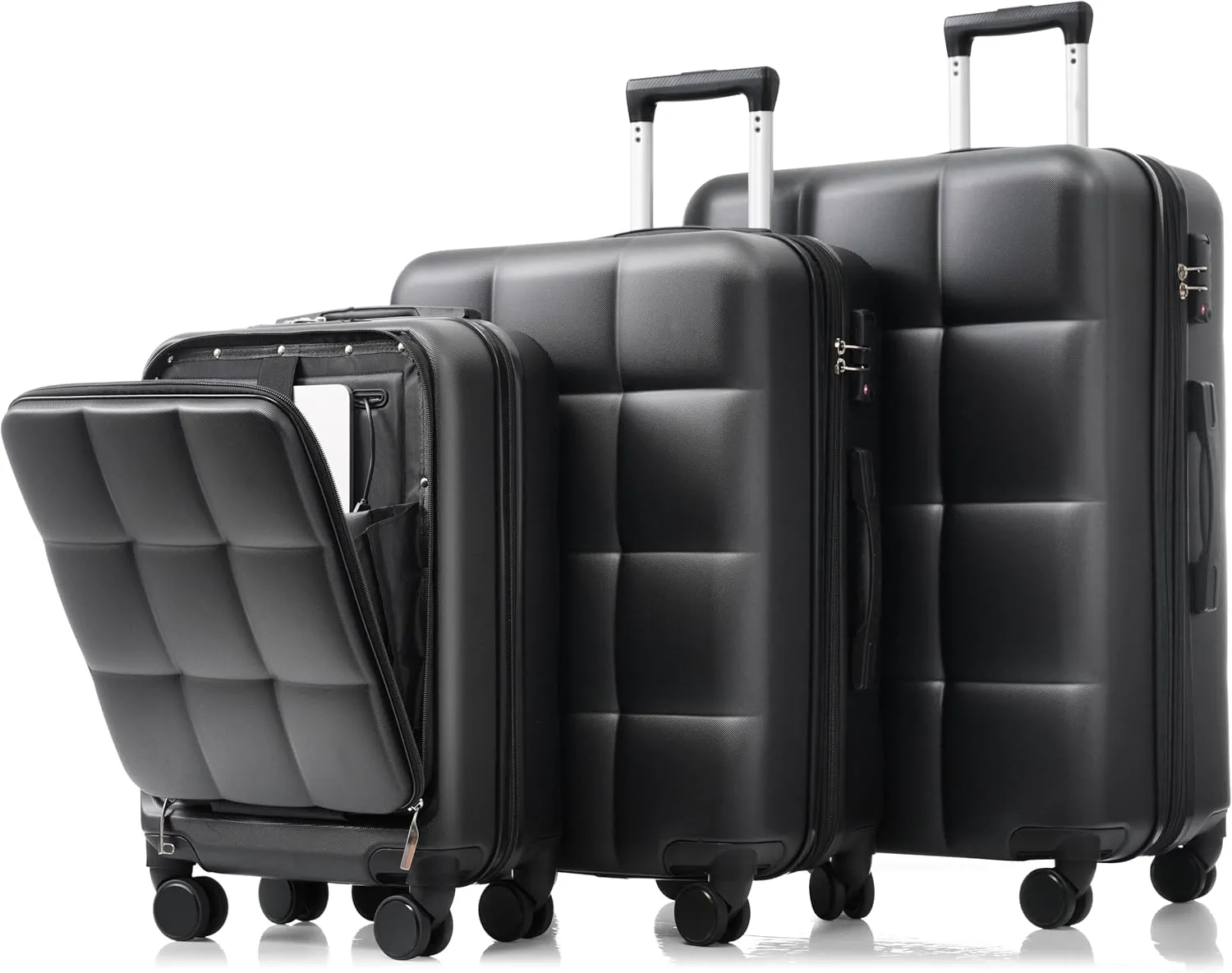 JCSD Durable 3-Piece Luggage Set with USB Port and Front Opening Design, Lightweight ABS Hard Shell, Spinner Wheels, Black and Brown