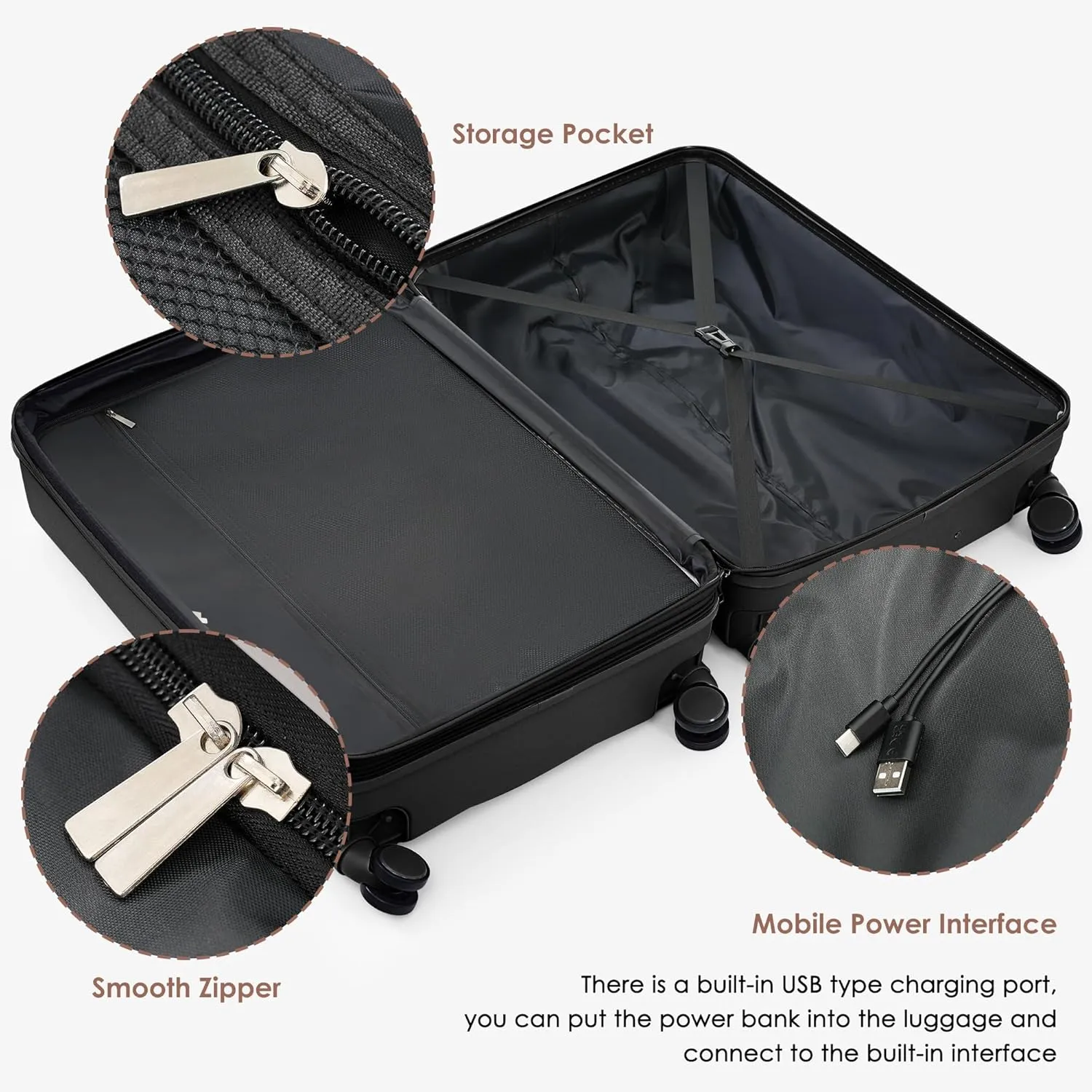 Luggage Sets 3 Piece, Durable Lightweight Travel Luggages with USB Port(20''), Spinner Wheels & Cup Holder, Hardside Carry On Suitcase Set for Men Women, 20" 24" 28" (Black)