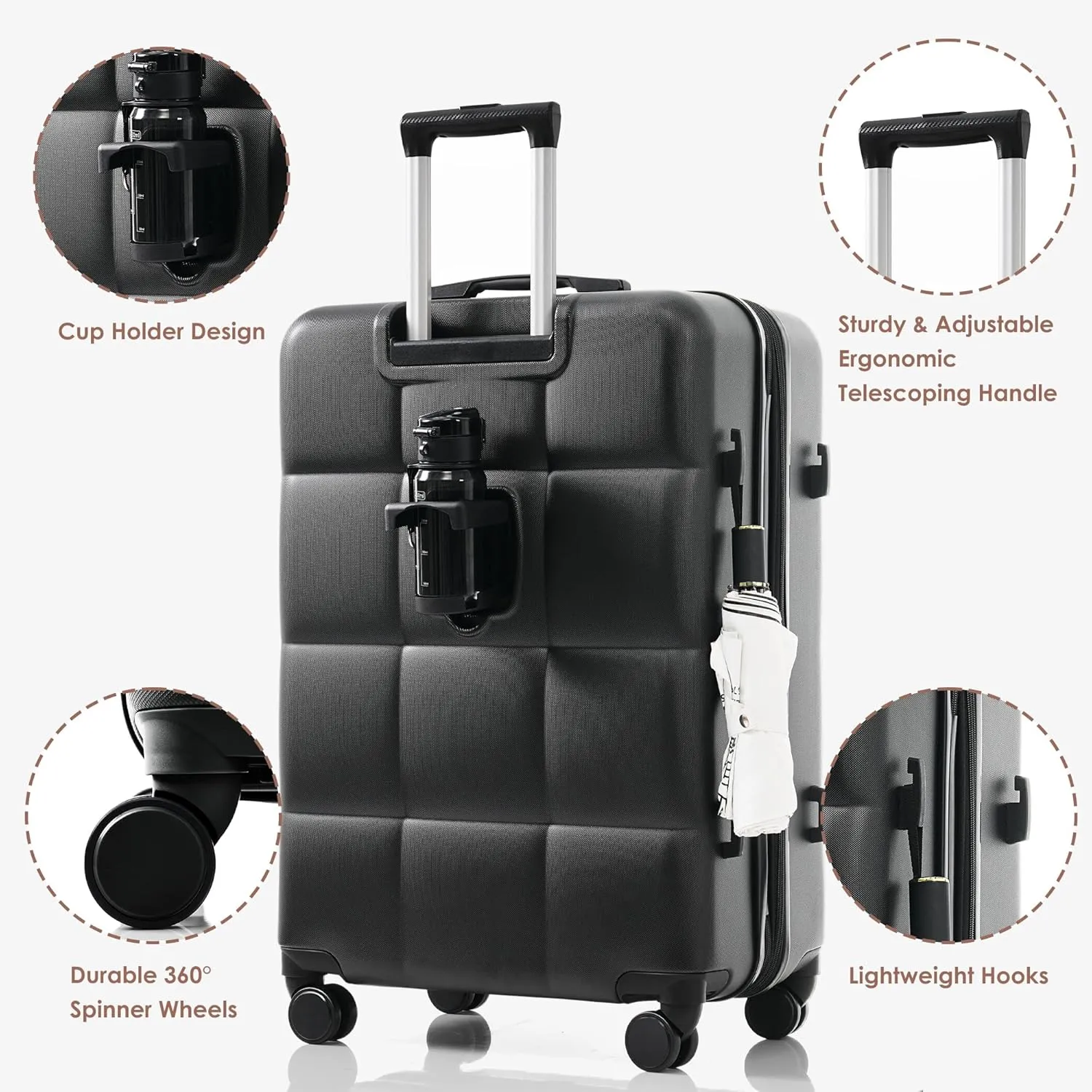Luggage Sets 3 Piece, Durable Lightweight Travel Luggages with USB Port(20''), Spinner Wheels & Cup Holder, Hardside Carry On Suitcase Set for Men Women, 20" 24" 28" (Black)