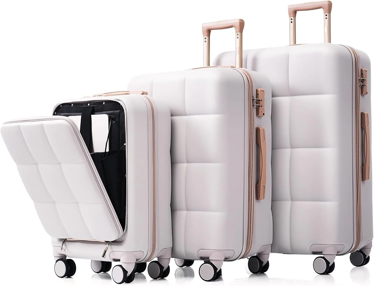 Luggage Sets 3 Piece, Durable Lightweight Travel Luggages with USB Port(20''), Spinner Wheels & Cup Holder, Hardside Carry On Suitcase Set for Men Women, 20" 24" 28" (Light Grey)