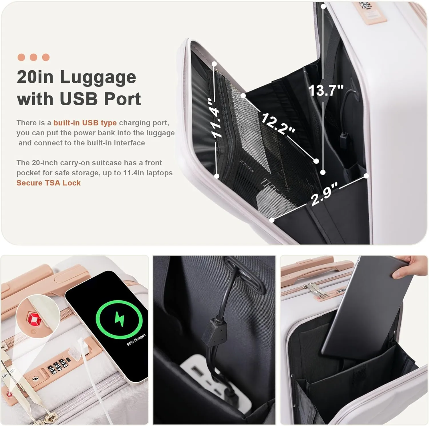 Luggage Sets 3 Piece, Durable Lightweight Travel Luggages with USB Port(20''), Spinner Wheels & Cup Holder, Hardside Carry On Suitcase Set for Men Women, 20" 24" 28" (Light Grey)
