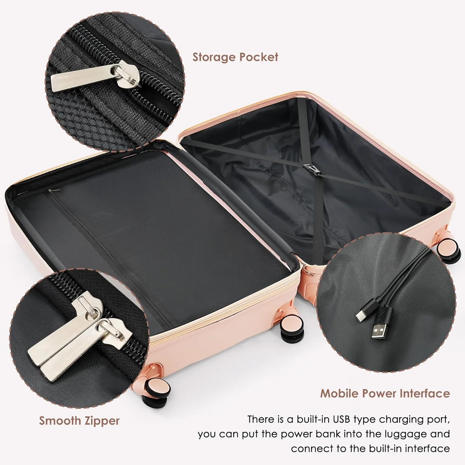 Luggage Sets 3 Piece, Durable Lightweight Travel Luggages with USB Port(20''), Spinner Wheels & Cup Holder, Hardside Carry On Suitcase Set for Men Women, 20" 24" 28" (Pink)