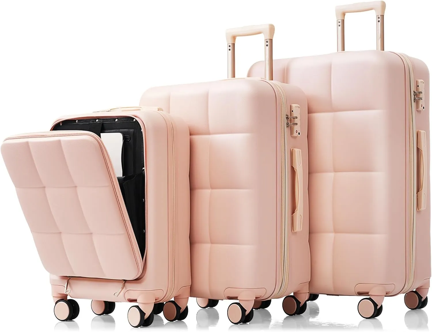 Luggage Sets 3 Piece, Durable Lightweight Travel Luggages with USB Port(20''), Spinner Wheels & Cup Holder, Hardside Carry On Suitcase Set for Men Women, 20" 24" 28" (Pink)