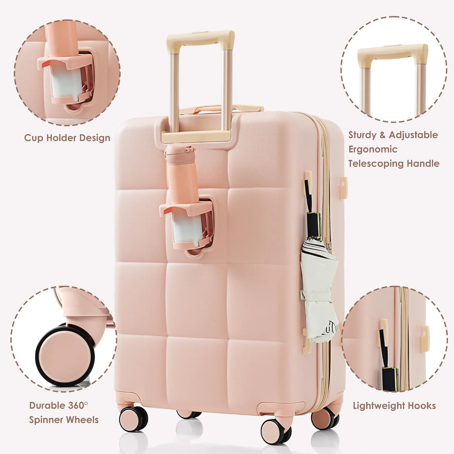 Luggage Sets 3 Piece, Durable Lightweight Travel Luggages with USB Port(20''), Spinner Wheels & Cup Holder, Hardside Carry On Suitcase Set for Men Women, 20" 24" 28" (Pink)