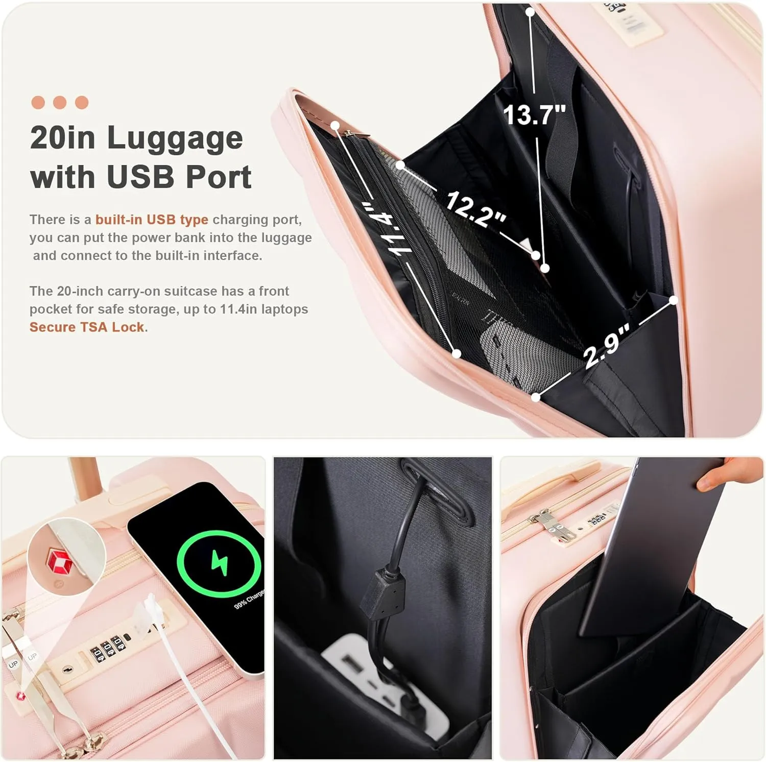 Luggage Sets 3 Piece, Durable Lightweight Travel Luggages with USB Port(20''), Spinner Wheels & Cup Holder, Hardside Carry On Suitcase Set for Men Women, 20" 24" 28" (Pink)