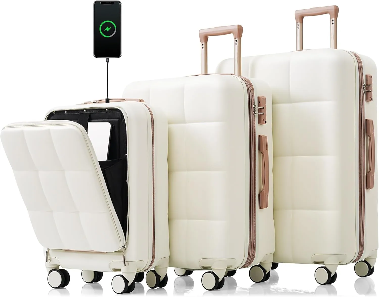 Luggage Sets 3 Piece, Durable Lightweight Travel Luggages with USB Port(20''), Spinner Wheels & Cup Holder, Hardside Carry On Suitcase Set for Men Women, 20" 24" 28" (White)