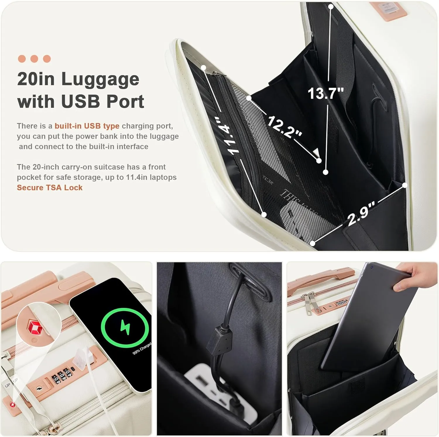 Luggage Sets 3 Piece, Durable Lightweight Travel Luggages with USB Port(20''), Spinner Wheels & Cup Holder, Hardside Carry On Suitcase Set for Men Women, 20" 24" 28" (White)