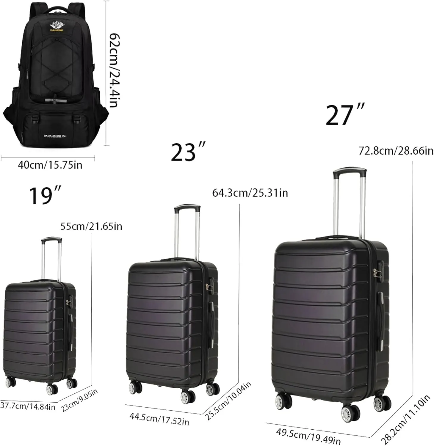 Luggage Sets 3 Piece, Hardshell Luggage, Carry On Luggage Set with TSA Lock, Luggage Sets with Spinner Wheels, Suitcases with Wheels, Luggage Set for Women, (20" 24" 28"), (Black-2)
