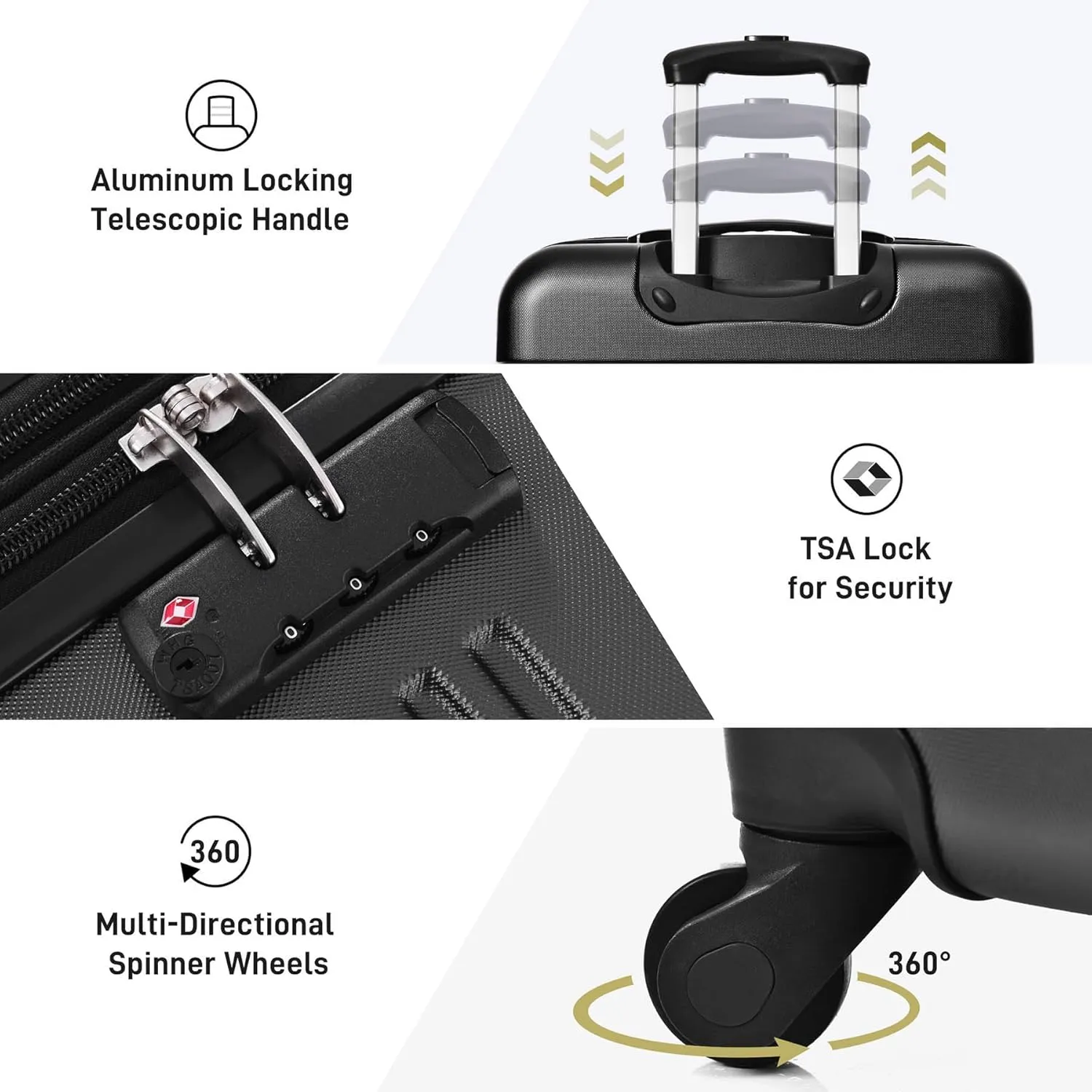 Luggage Sets 3 Piece, Hardshell Luggage, Carry On Luggage Set with TSA Lock, Luggage Sets with Spinner Wheels, Suitcases with Wheels, Luggage Set for Women, (20" 24" 28"), (Black-2)