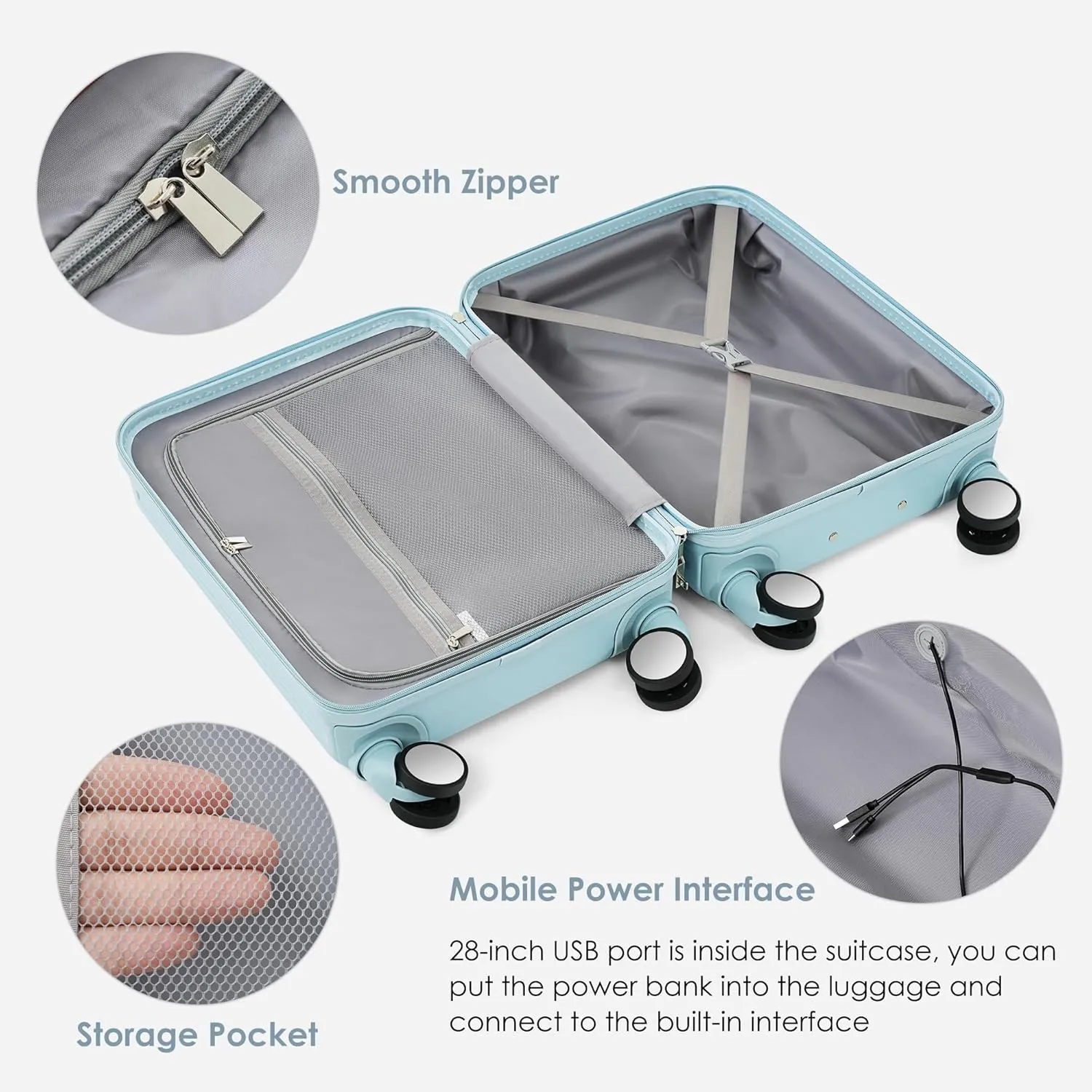 Merax 3Pc Suitcase Sets Front Opening with USB Port Hardshell Carry On Luggage with Cup Holder, Light Blue, 20/24/28 in