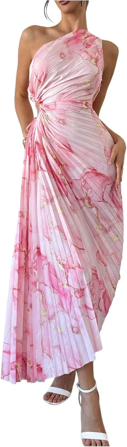 Milumia Women's Tie Dye One Shoulder Maxi Tank Dress Elegant Pleated Asymmetrical Hem Dresses