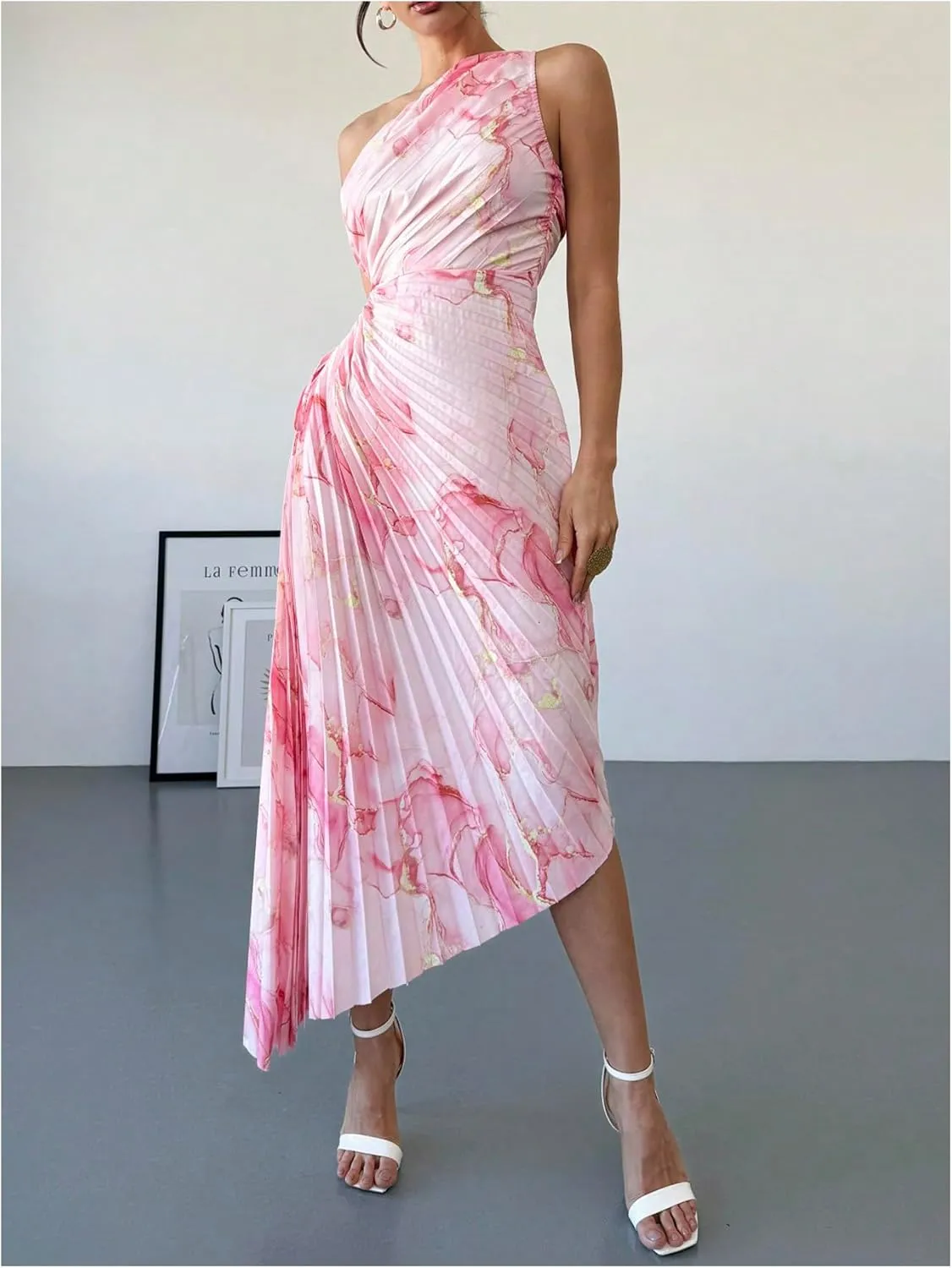 Milumia Women's Tie Dye One Shoulder Maxi Tank Dress Elegant Pleated Asymmetrical Hem Dresses