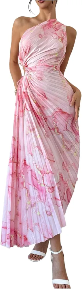 Milumia Women's Tie Dye One Shoulder Maxi Tank Dress Elegant Pleated Asymmetrical Hem Dresses