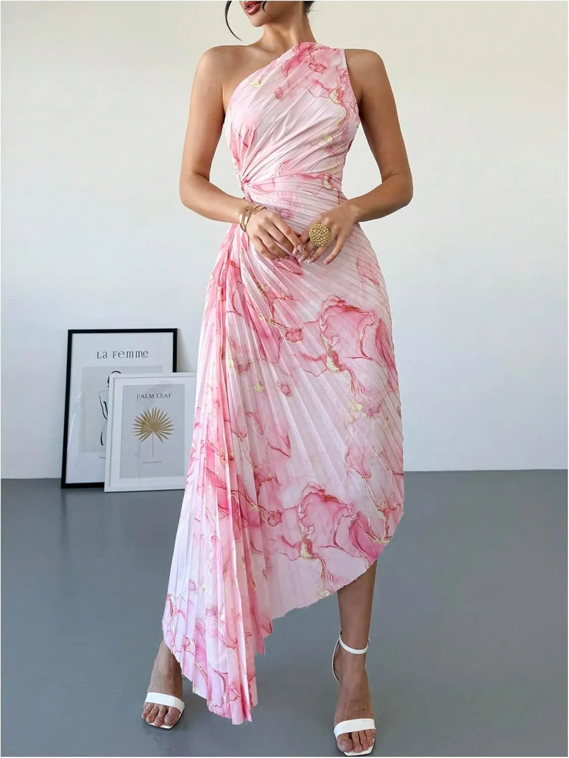 Milumia Women's Tie Dye One Shoulder Maxi Tank Dress Elegant Pleated Asymmetrical Hem Dresses