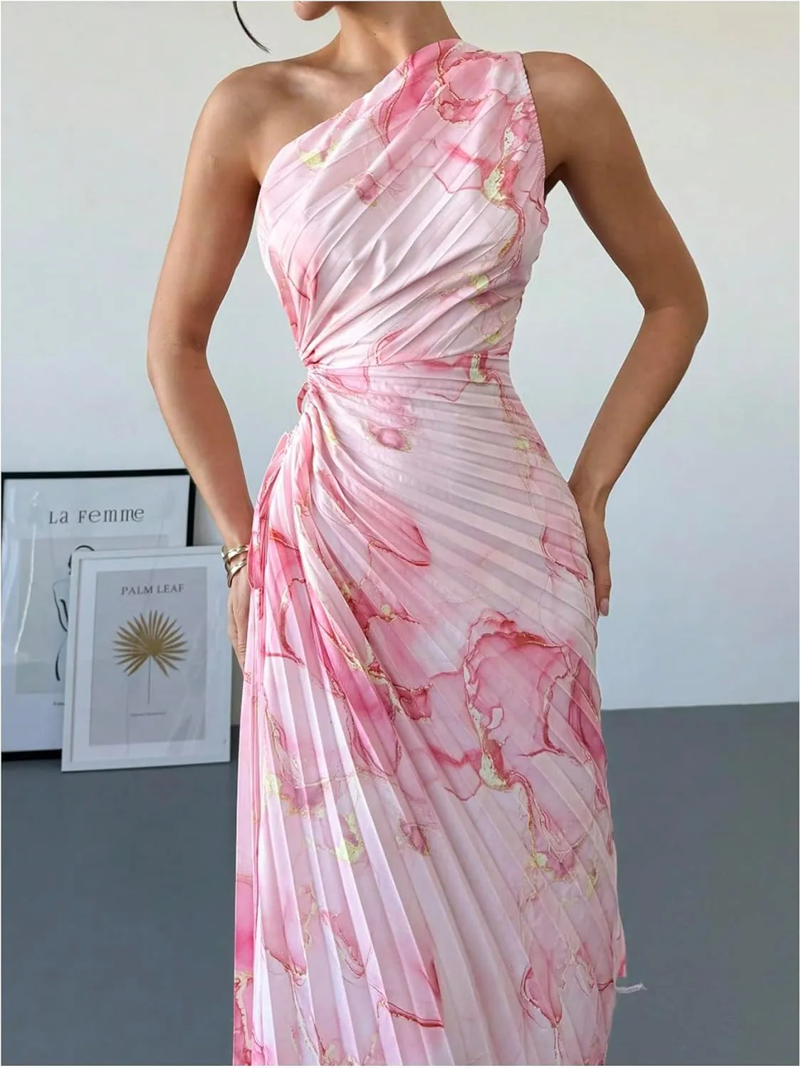 Milumia Women's Tie Dye One Shoulder Maxi Tank Dress Elegant Pleated Asymmetrical Hem Dresses