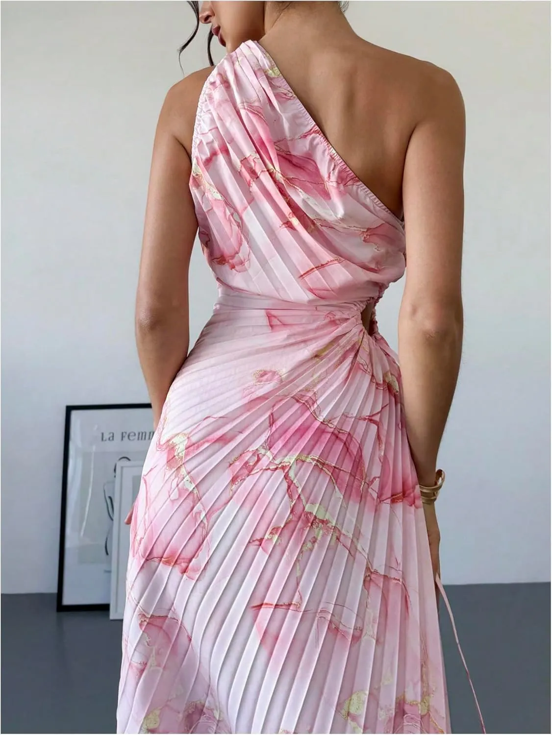 Milumia Women's Tie Dye One Shoulder Maxi Tank Dress Elegant Pleated Asymmetrical Hem Dresses