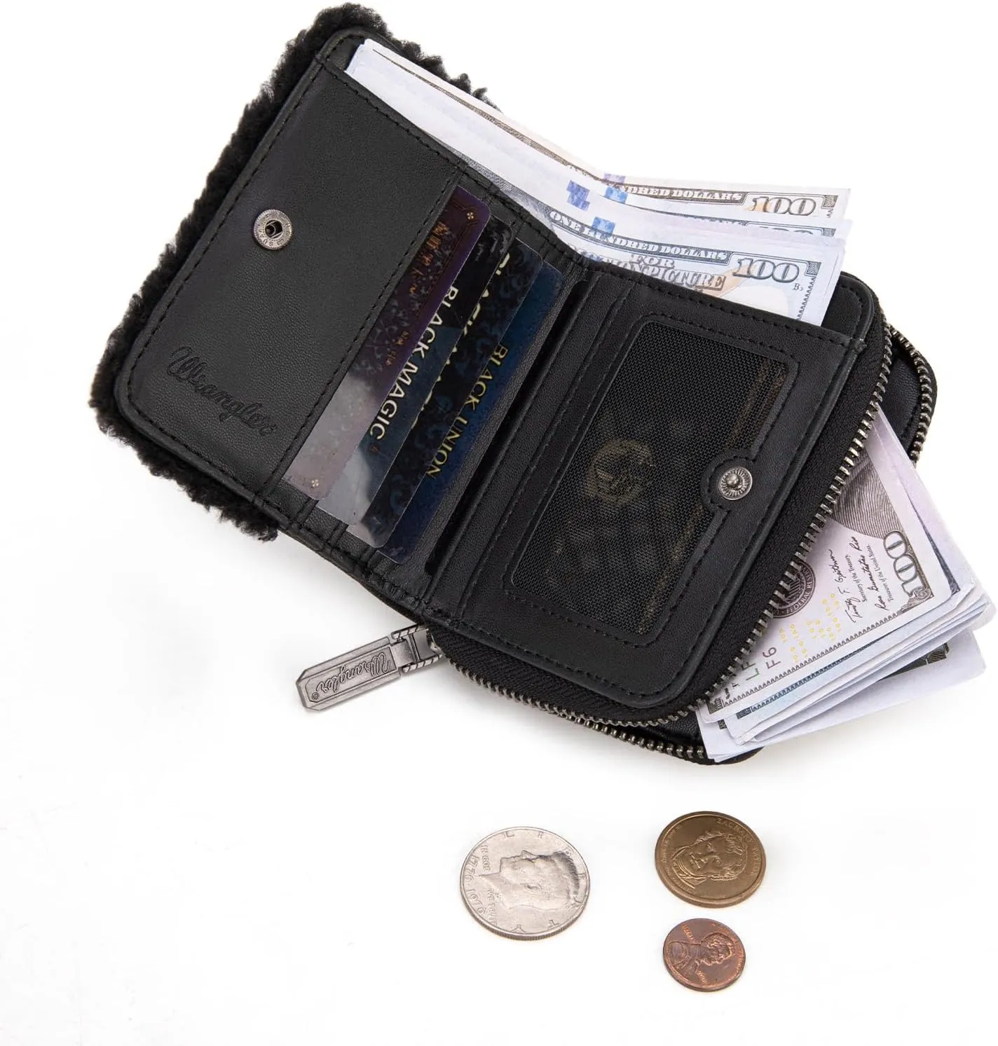 Montana West  Wrangler Credit Card Wallet Bifold Card Case Pouches for Women, Fluffy Black, Minimalist