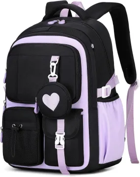 MOONBABY Girls Backpack, Kids Backpack for Girls, School Bag for Primary Elementary Teenage, Middle Students Bookbag, Kawaii School Backpacks for Girl Ages 8-12, Black and Purple