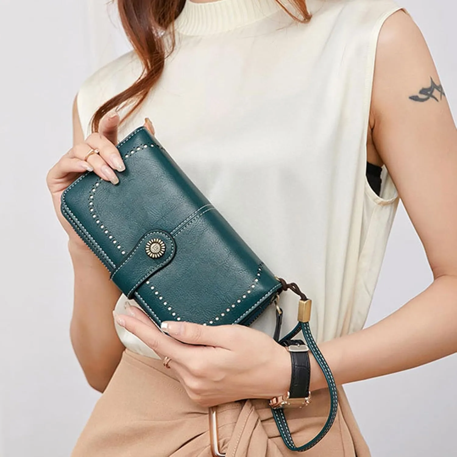 Rfid Wallet Women, Leather Wallet Wristlet, Rfid Blocking Large Capacity Zip Around Bifold Clutch Purses Credit Card Wallet