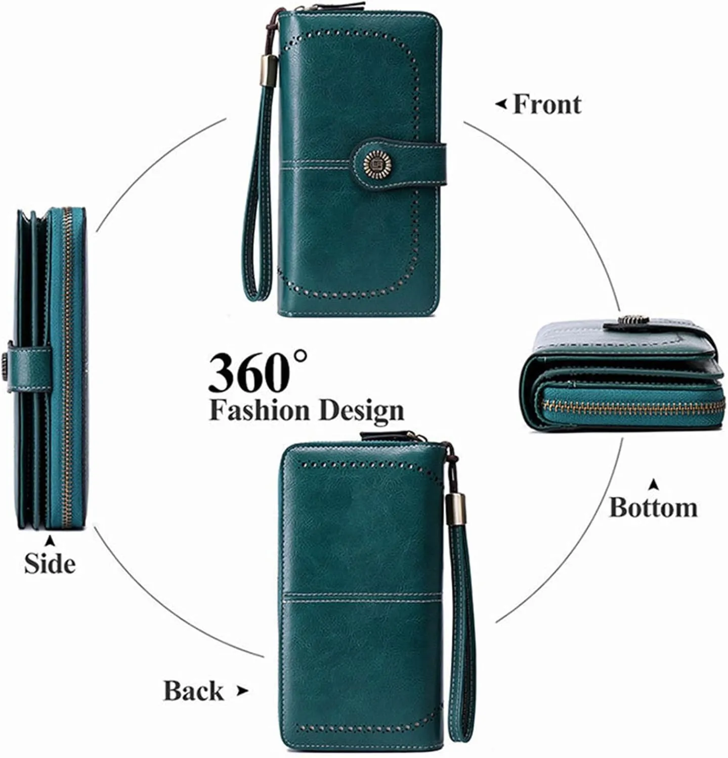 Rfid Wallet Women, Leather Wallet Wristlet, Rfid Blocking Large Capacity Zip Around Bifold Clutch Purses Credit Card Wallet
