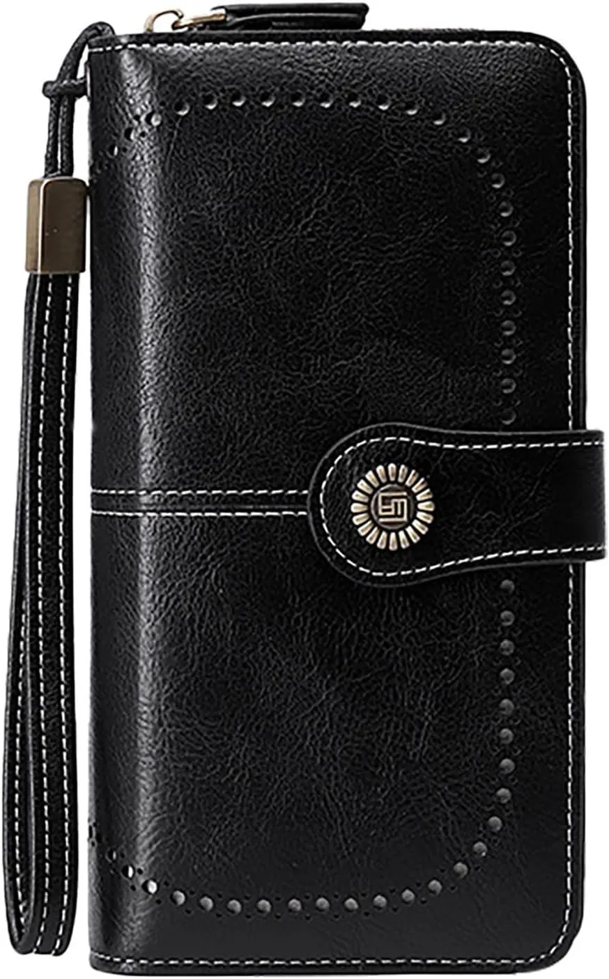 Rfid Wallet Women, Leather Wallet Wristlet, Rfid Blocking Large Capacity Zip Around Bifold Clutch Purses Credit Card Wallet
