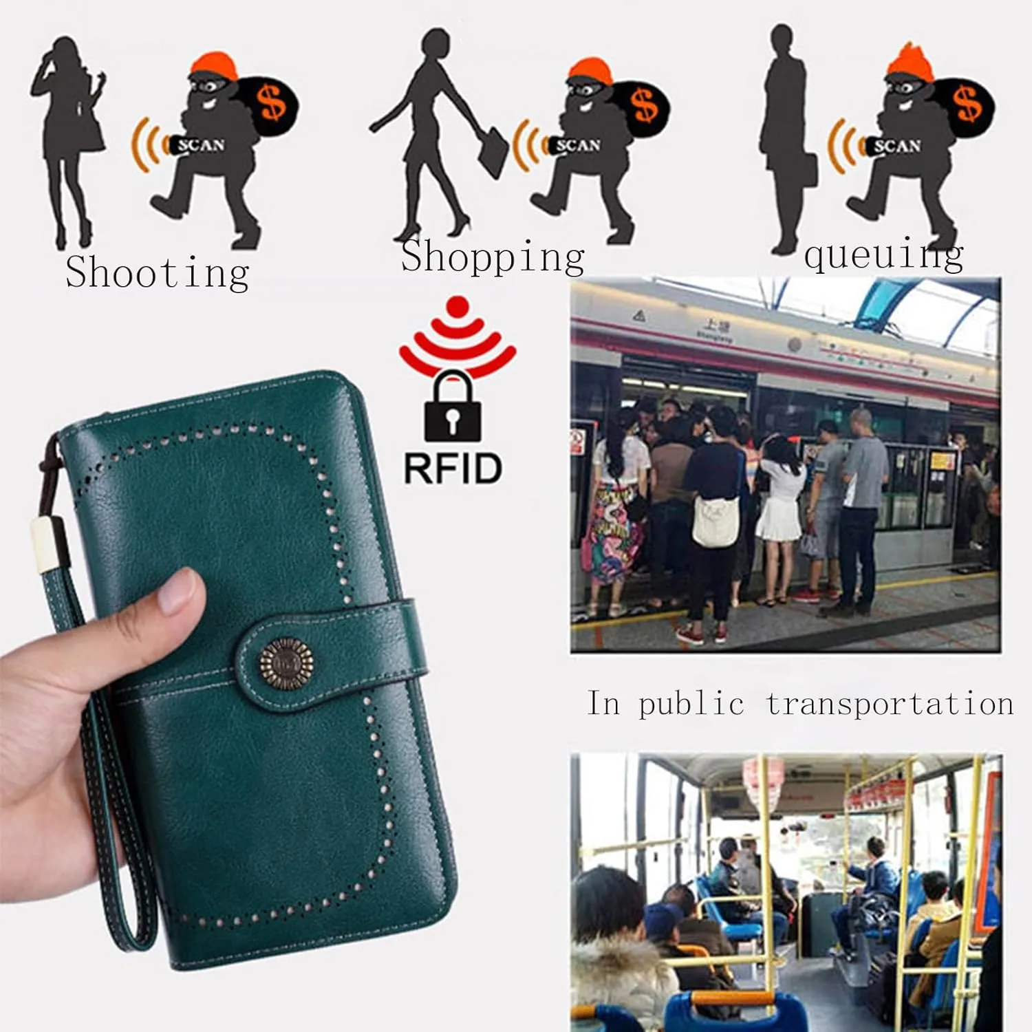 Rfid Wallet Women, Leather Wallet Wristlet, Zip Around Large Capacity Bifold Rfid Blocking Credit Card Holder Clutch Purses