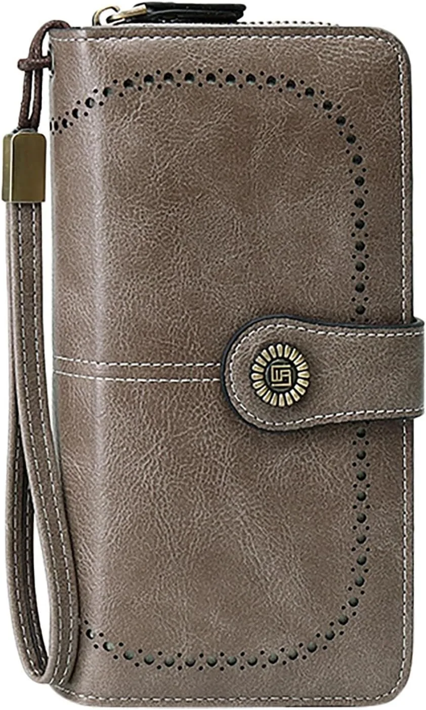 Rfid Wallet Women, Leather Wristlet Wallets, Zip Around Bifold Large Capacity Rfid Blocking Credit Card Holder Clutch Purses