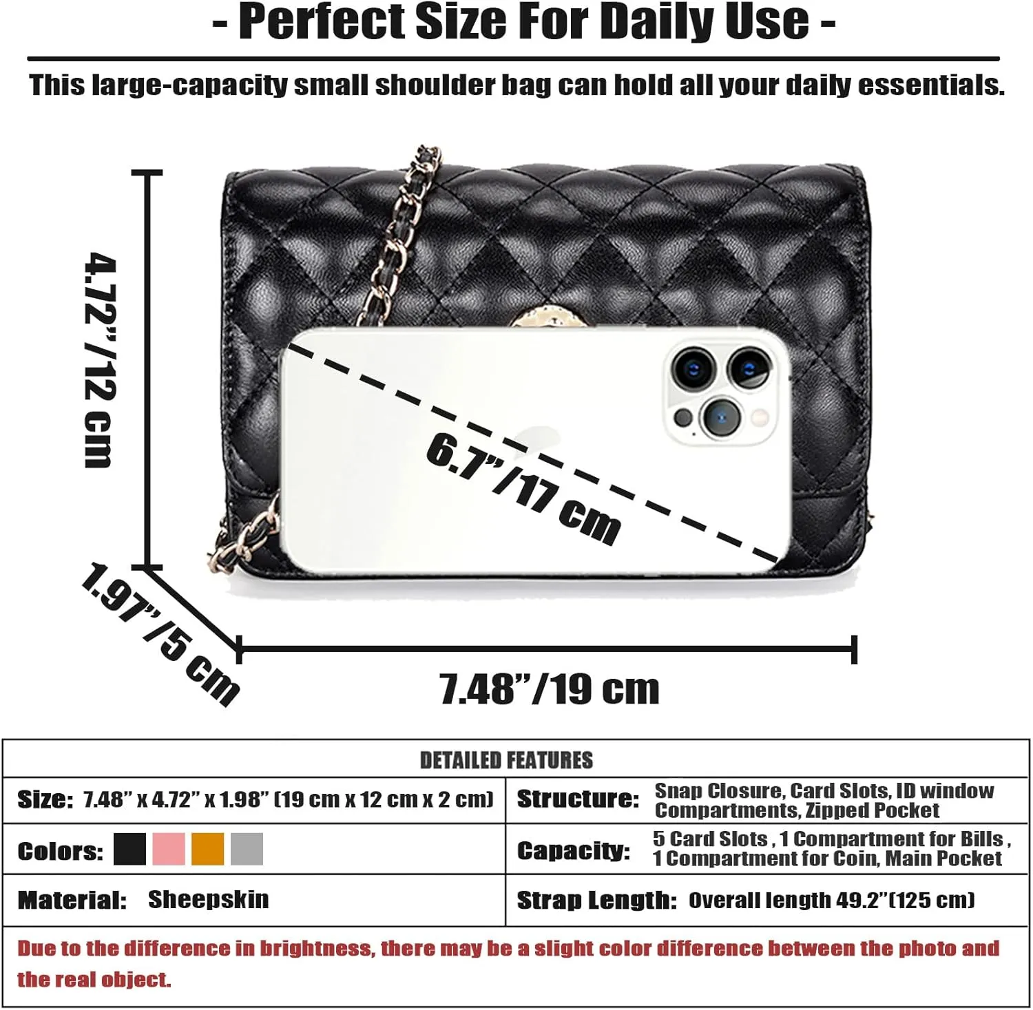 Small Quilted Sheepskin Shoulder Bag for Women Soft & Comfortable Ladies Clutch Stylish Crossbody Purse with Chain Strap, Black