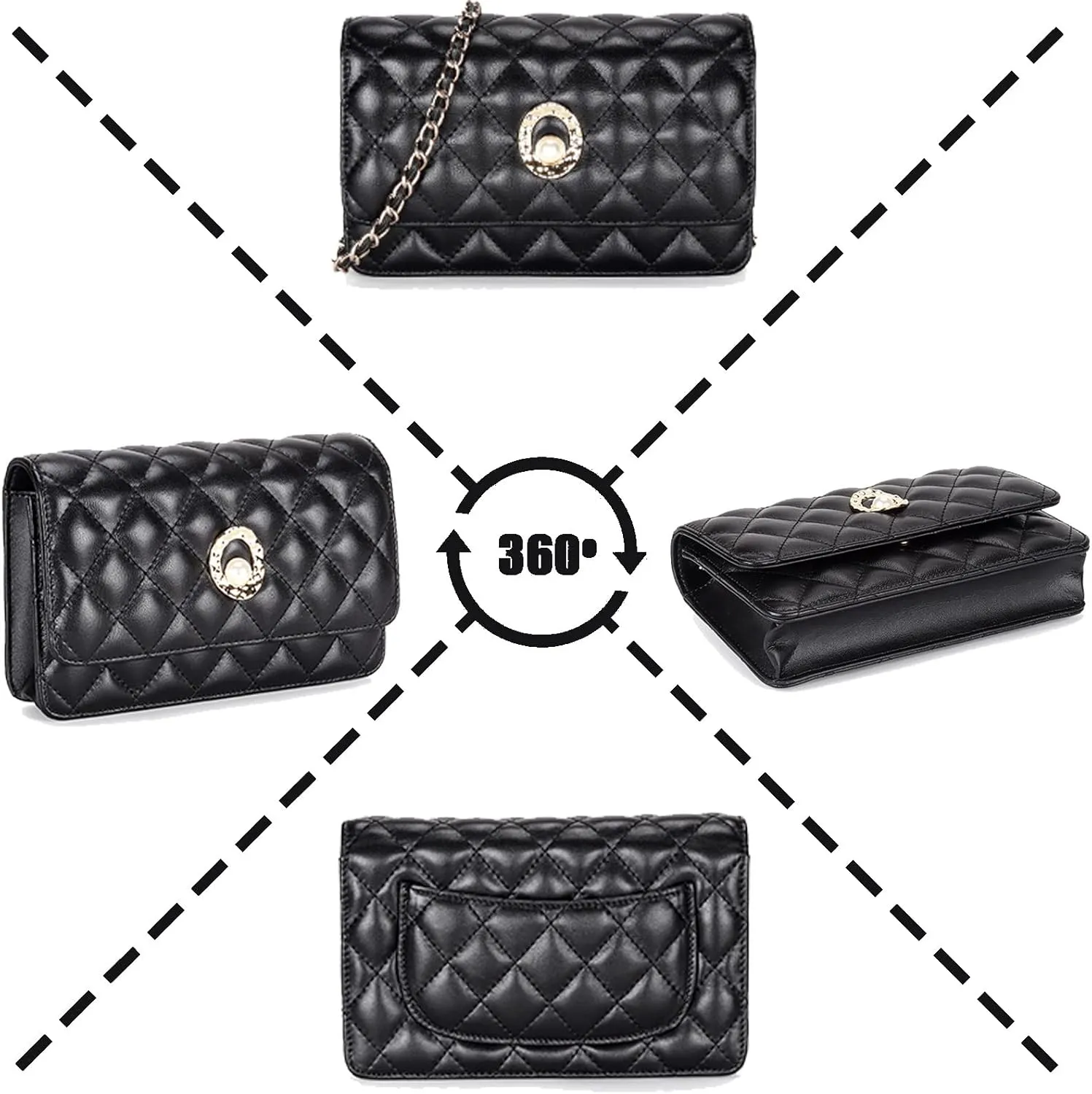 Small Quilted Sheepskin Shoulder Bag for Women Soft & Comfortable Ladies Clutch Stylish Crossbody Purse with Chain Strap, Black