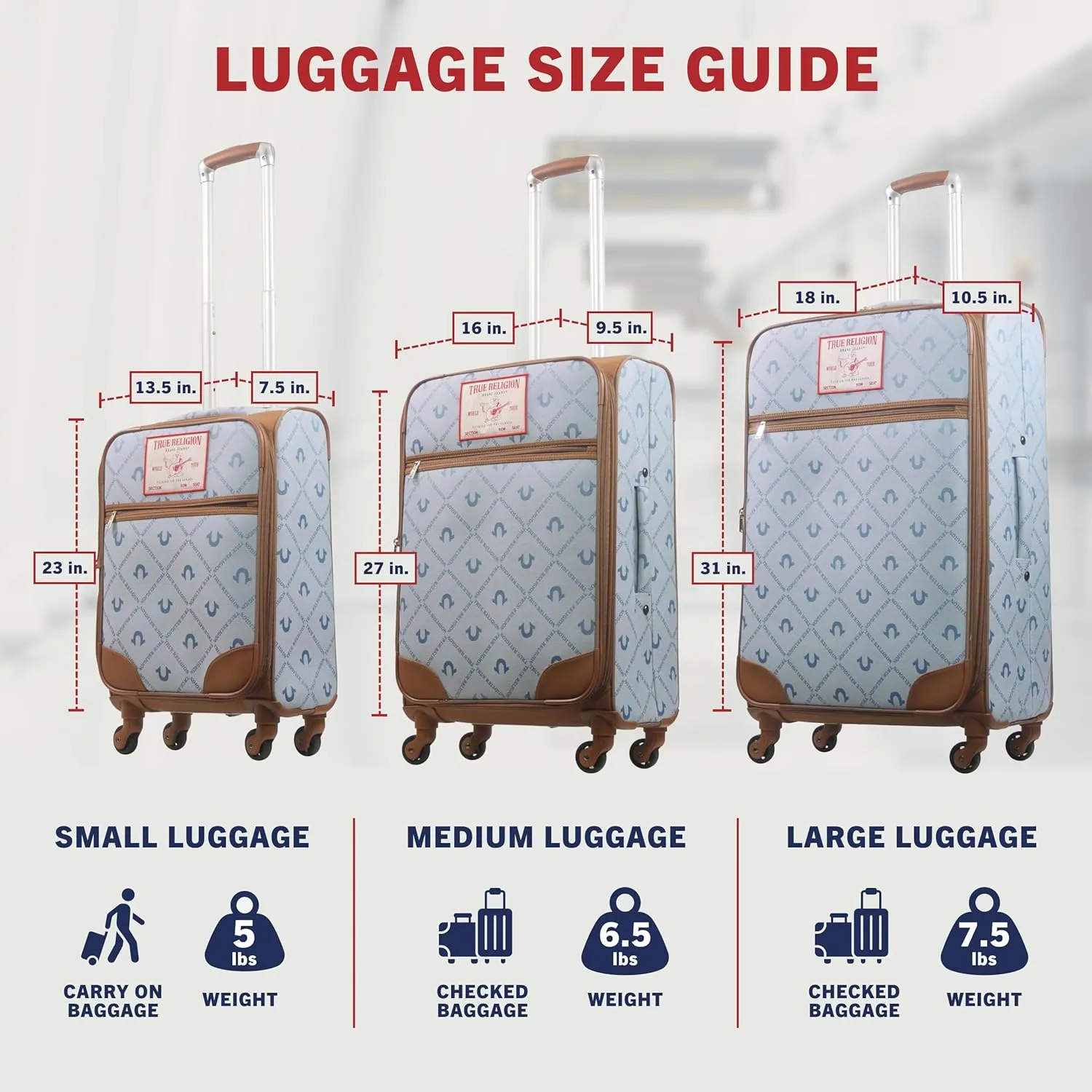 True Religion Rolling Luggage, Soft Sided Suitcases with Spinner Wheels, 23, 27, and 31 Inch, Denim, 3 Piece Set