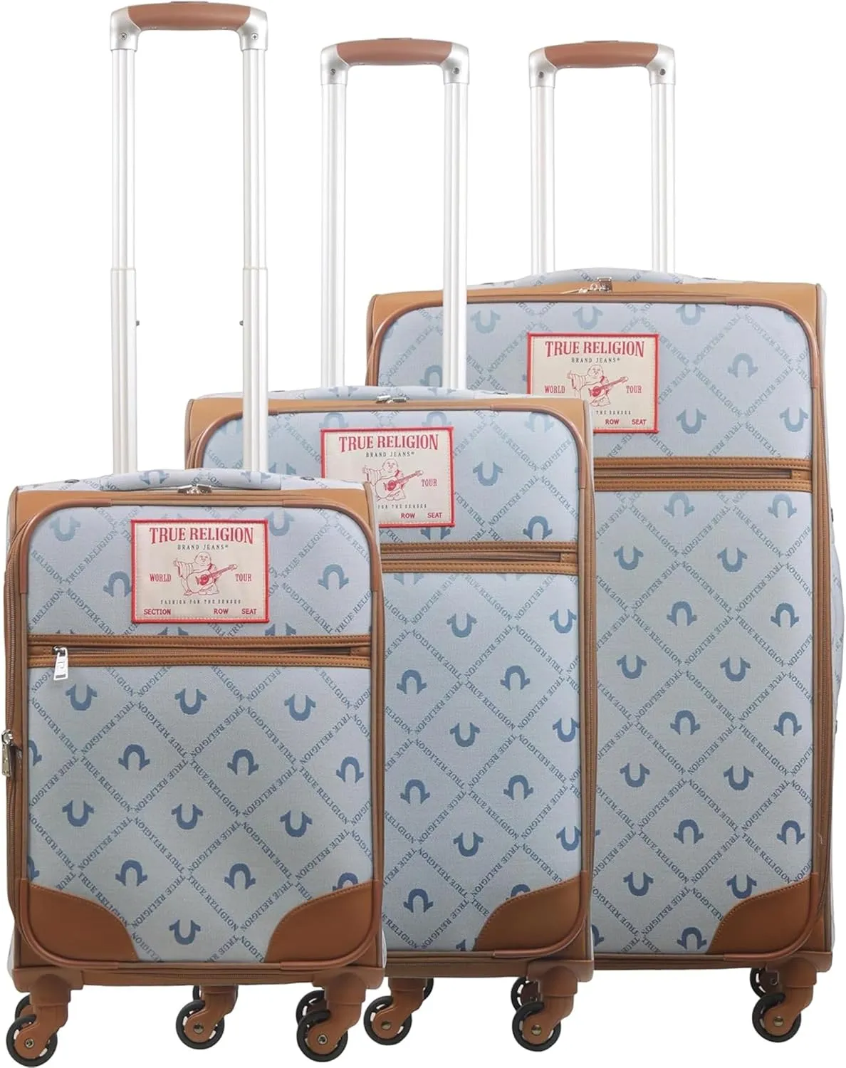 True Religion Rolling Luggage, Soft Sided Suitcases with Spinner Wheels, 23, 27, and 31 Inch, Denim, 3 Piece Set