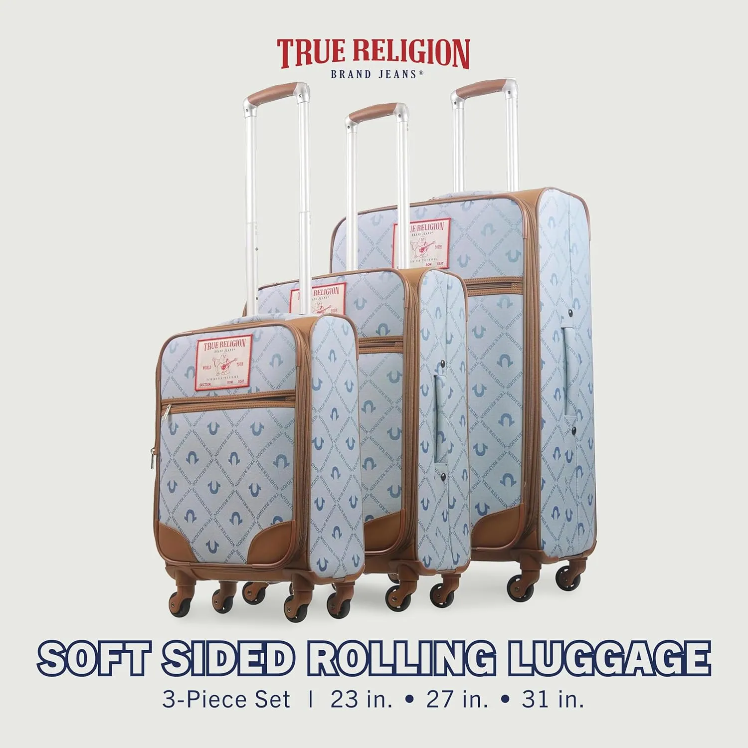 True Religion Rolling Luggage, Soft Sided Suitcases with Spinner Wheels, 23, 27, and 31 Inch, Denim, 3 Piece Set