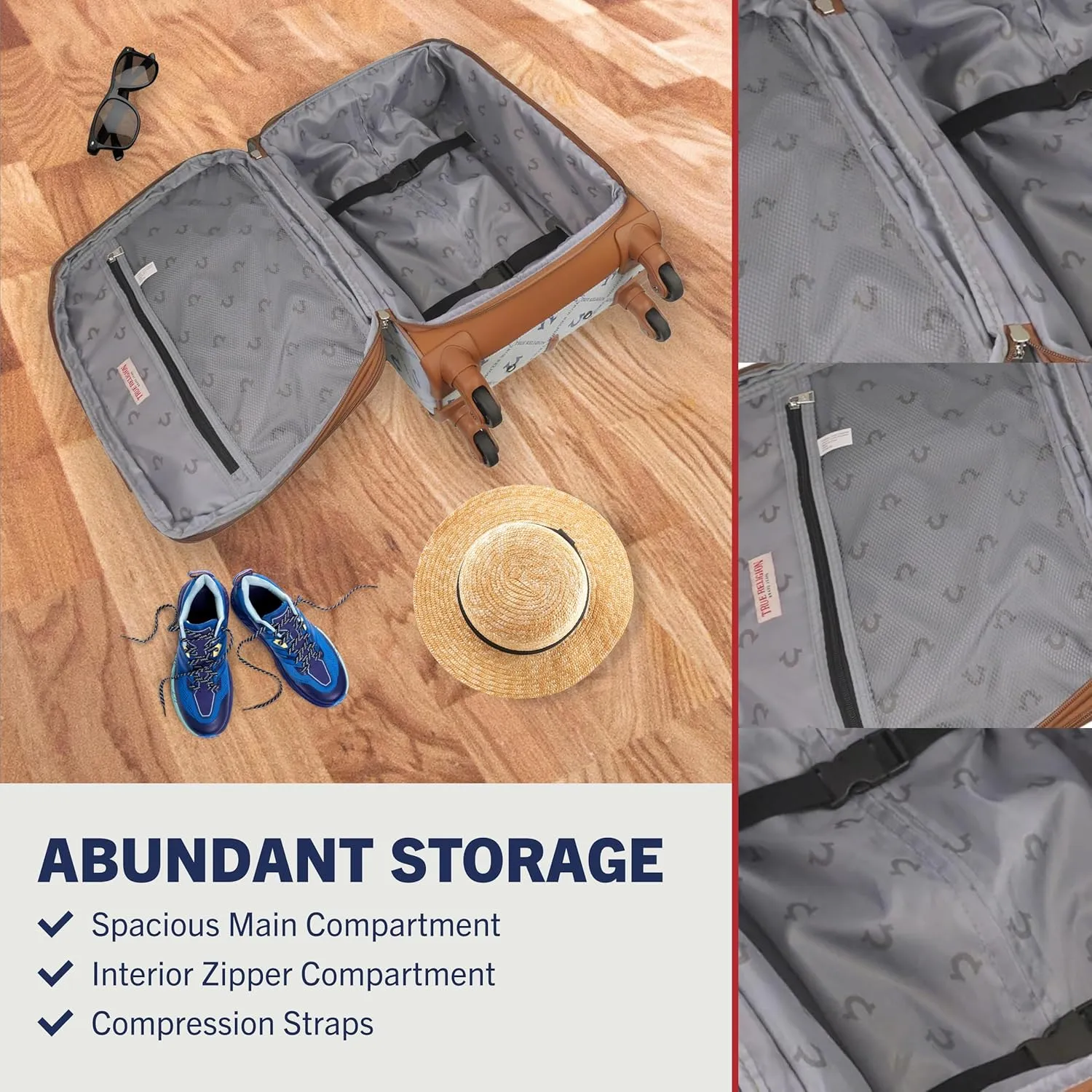 True Religion Rolling Luggage, Soft Sided Suitcases with Spinner Wheels, 23, 27, and 31 Inch, Denim, 3 Piece Set