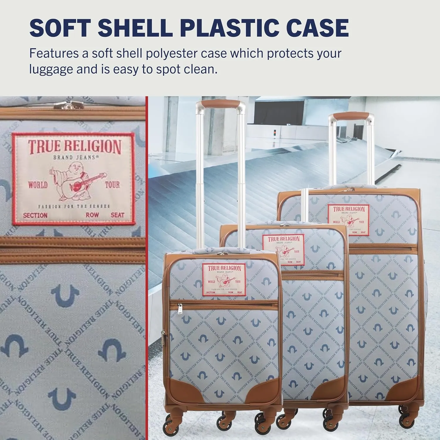 True Religion Rolling Luggage, Soft Sided Suitcases with Spinner Wheels, 23, 27, and 31 Inch, Denim, 3 Piece Set